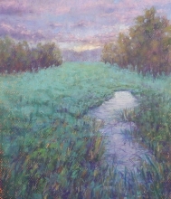 Twilight Meadow Creek-Oil Pastel Painting