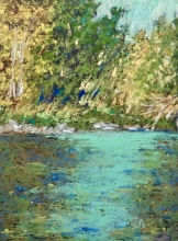 Gold Aspens by River-Oil Pastel Painting
